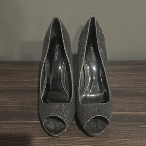 Maurices Black Glitter Peep Toe Heels